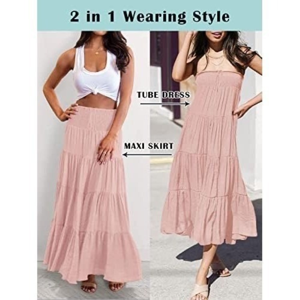 HAEOF 2 in 1 Wearing Tube Dress Boho Maxi Flowy Skirt Pink